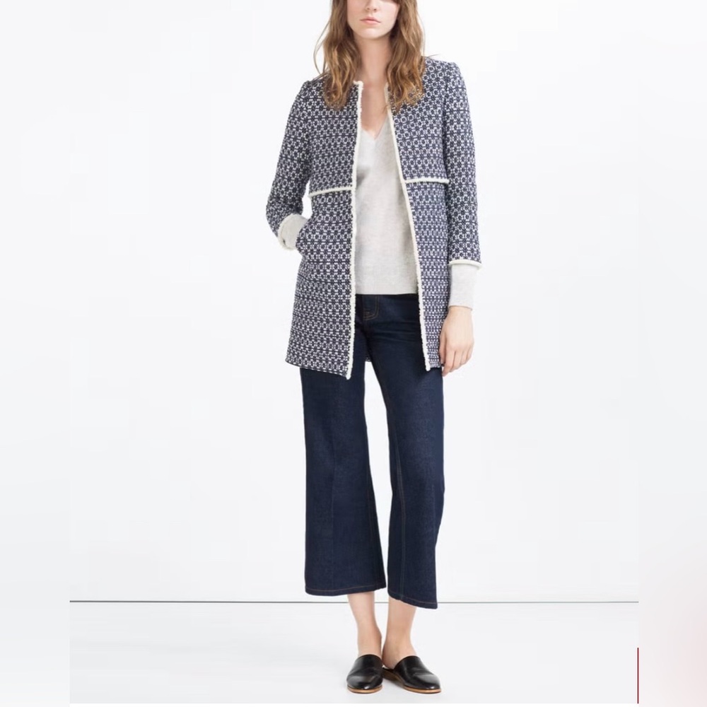 ZARA “That Coat” Jacquard Jacket Coat Mid Length Blue & White Size S